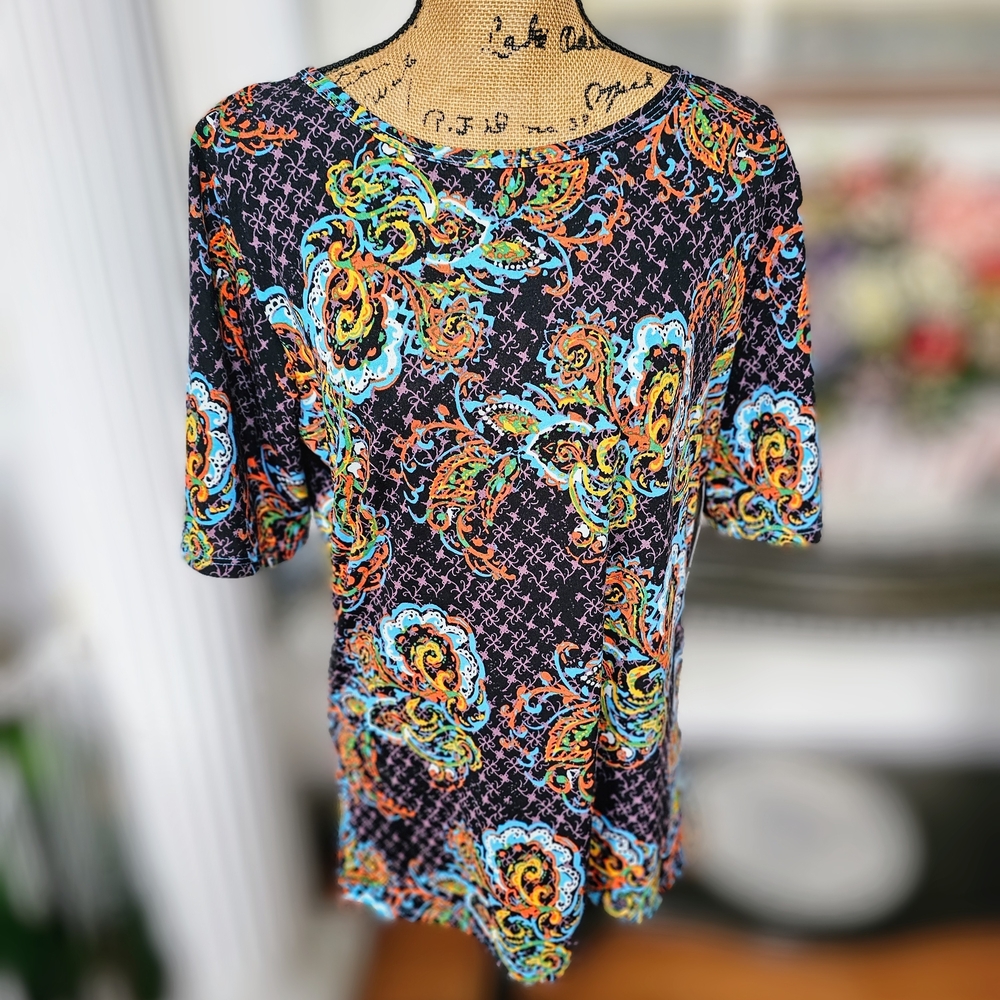 LuLaRoe Blue and Yellow Short Sleeve Relaxed Blouse